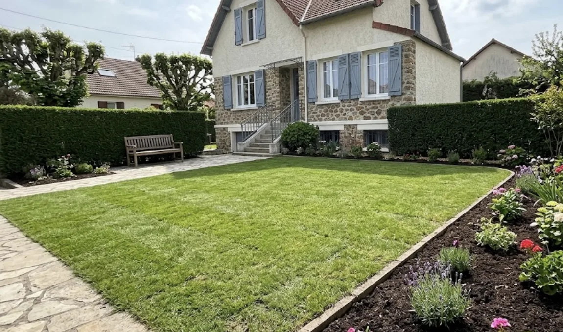 Jardin entretenu à Chatou, pelouse tondue et massifs propres