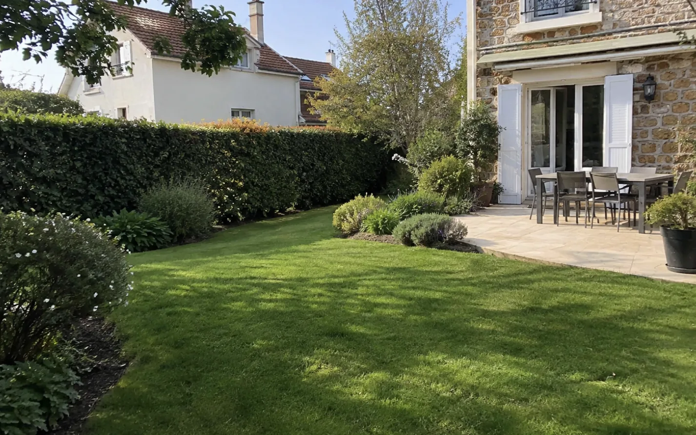 Jardin de pavillon entretenu à Chatou, pelouse tondue et haie taillée