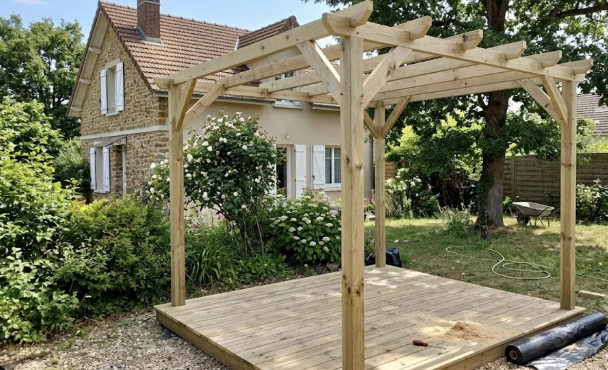 Pergola en bois montée au-dessus d'une terrasse à Chatou