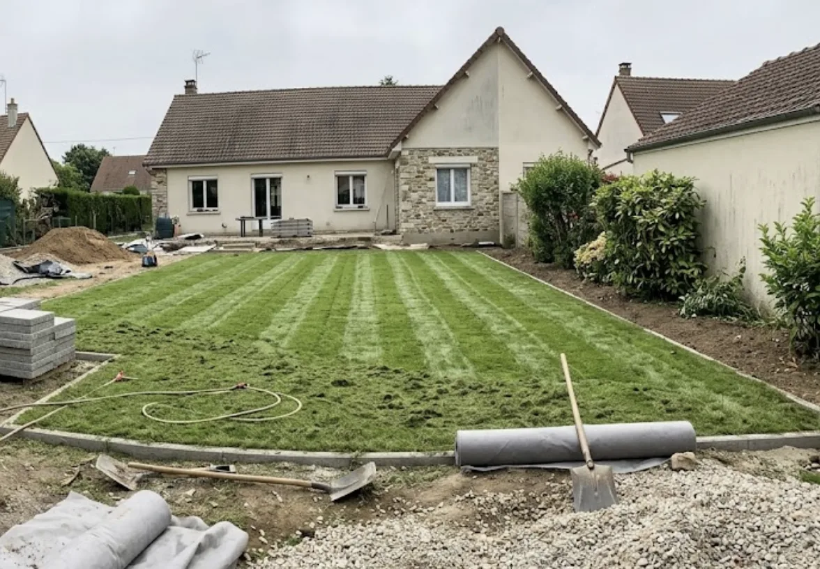 Pose de gazon en plaques sur un chantier de jardin à Chatou