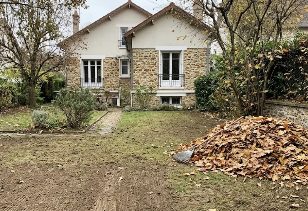 Tas de feuilles ramassées sur une pelouse à Chatou en automne