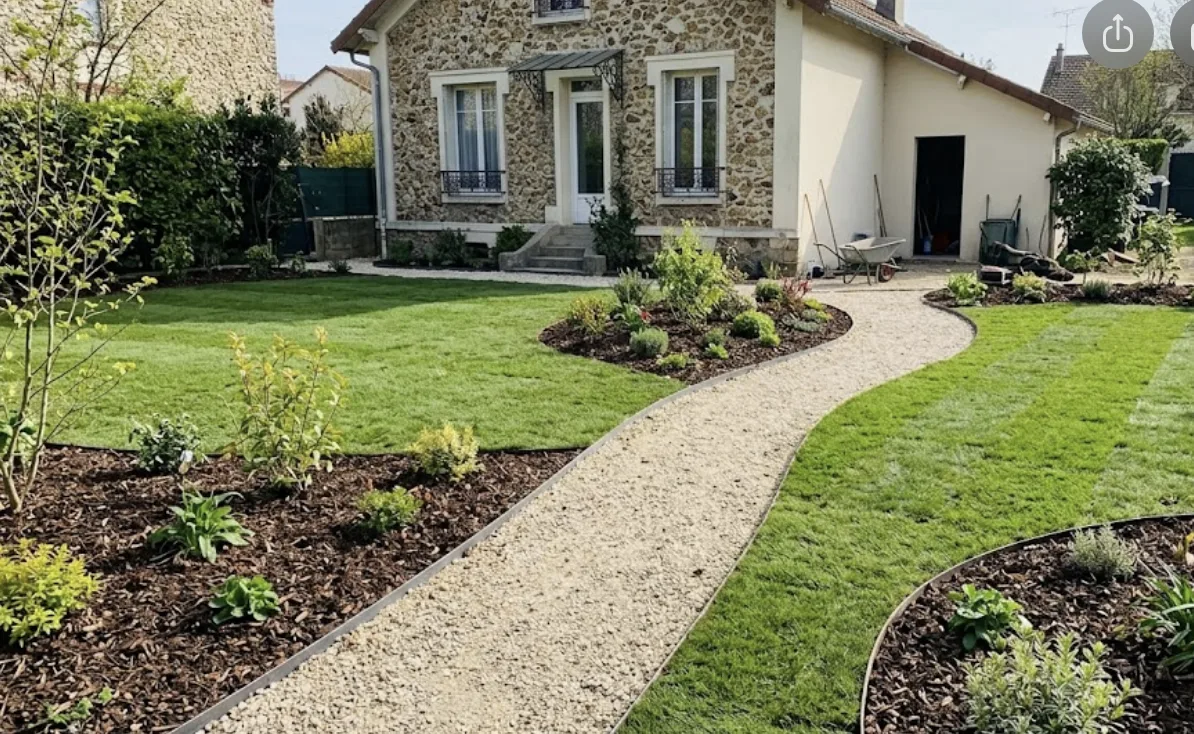 Jardin créé à Croissy-sur-Seine : massifs, allée en gravier et gazon neuf