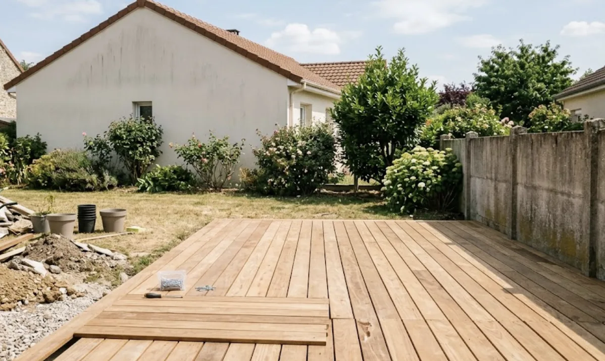 Terrasse en bois posée dans un jardin à Montesson