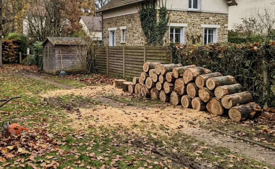 Rondins empilés après l'abattage d'un arbre à Chatou