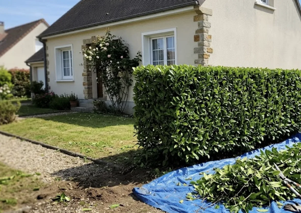 Haie taillée et chutes de branches sur bâche à Chatou
